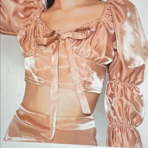 Glamorous nude Satin shimmer Puff Sleeve Crop Top with bow tie bust